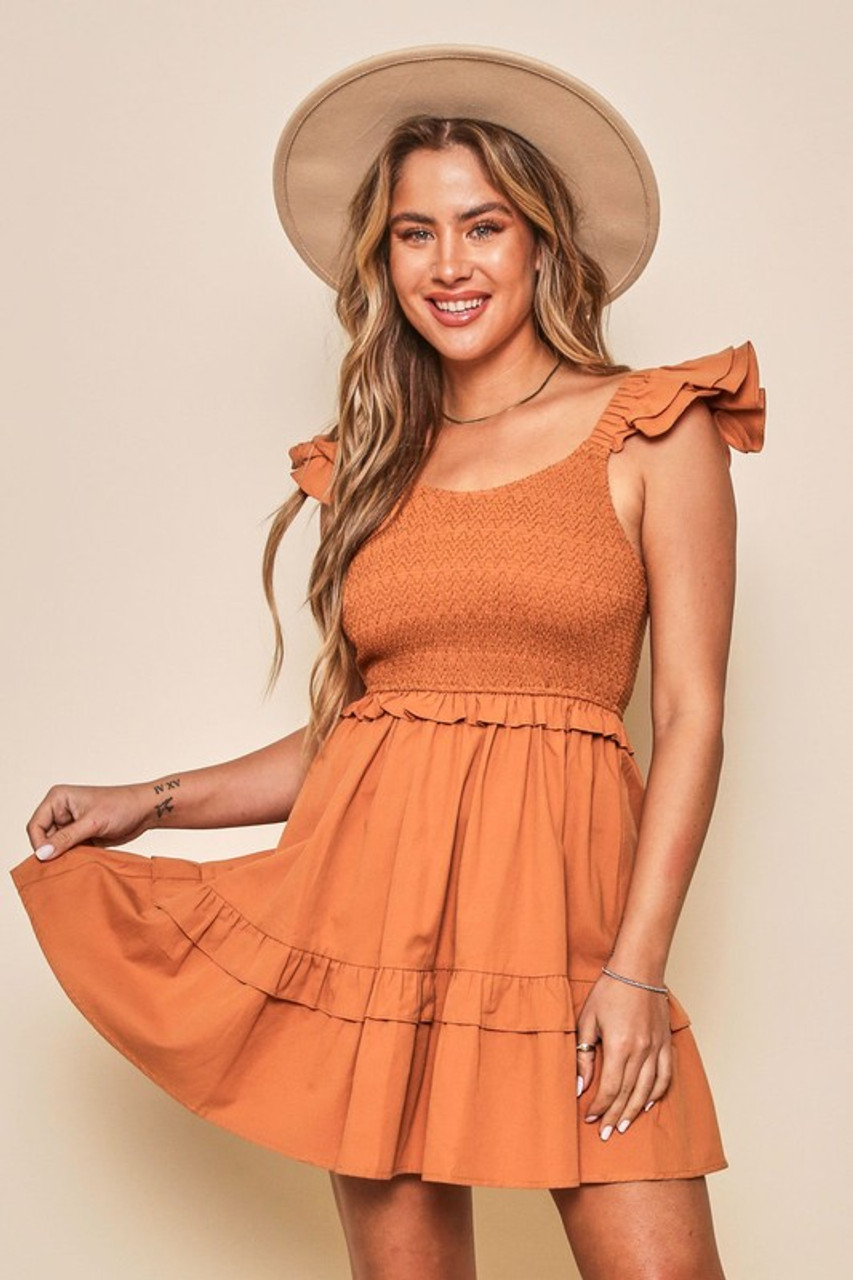 Burnt Orange Smocked Mini Dress ...